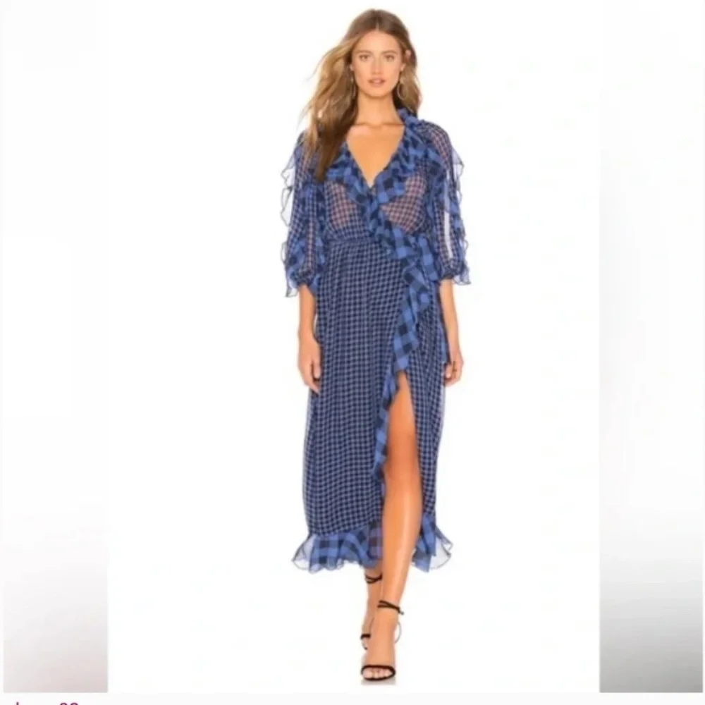 Tularosa blue and black, long sleeve gingham wrapped dress - Picture 1 of 10